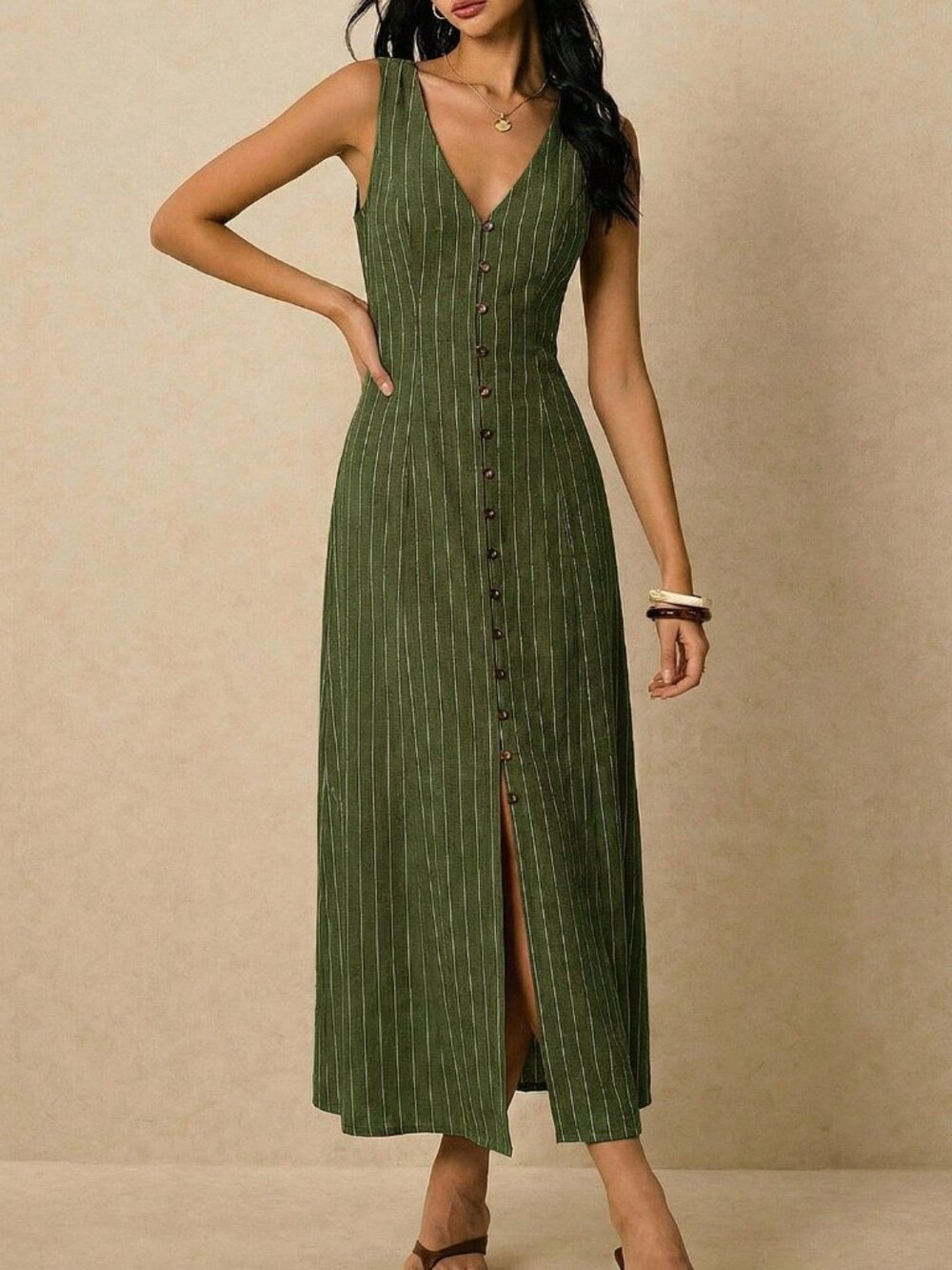 Army Green Casual Women's Striped Single-Breasted V-Neck Sleeveless Dress - Picture 4 of 7